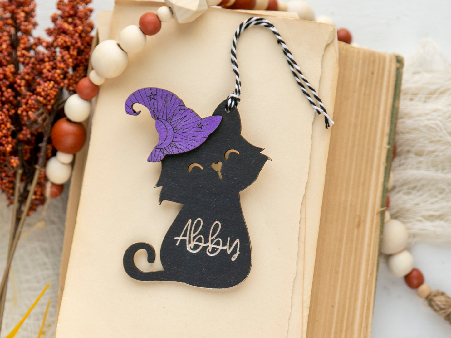 Personalized Wizard Cat Halloween Basket Name Tag