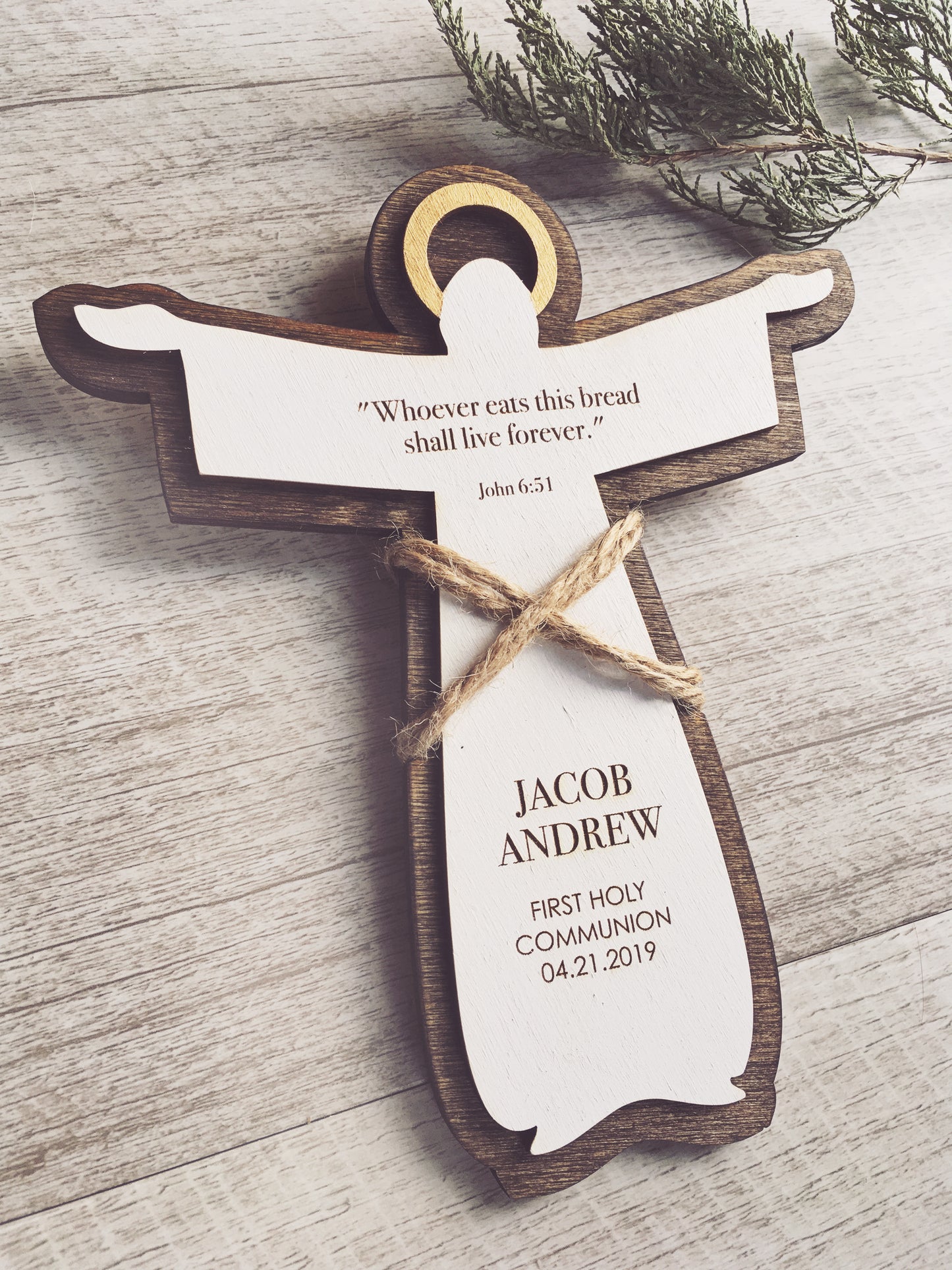 First Holy Communion Cross / Personalized Christian Wood Angel / Godparent Jesus Gift