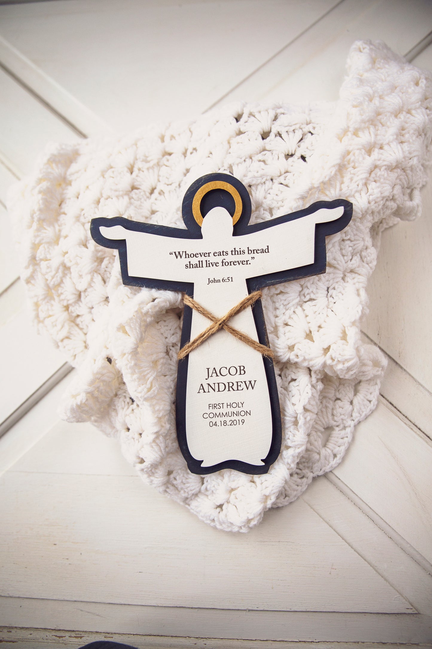 First Holy Communion Cross / Personalized Christian Wood Angel / Godparent Jesus Gift