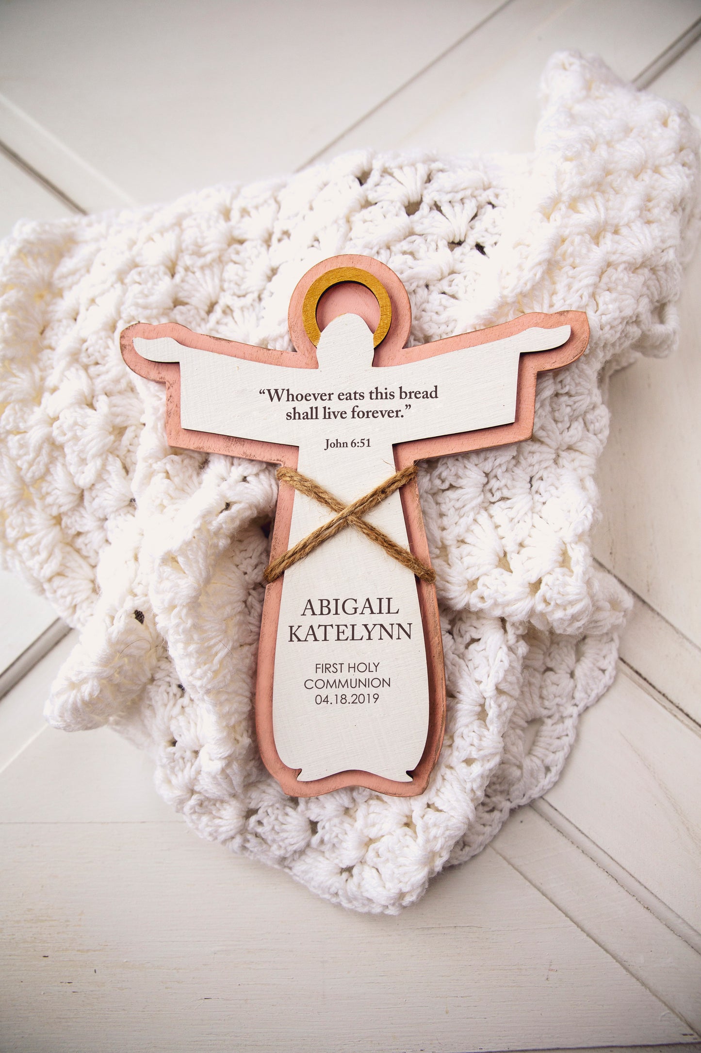 First Holy Communion Cross / Personalized Christian Wood Angel / Godparent Jesus Gift