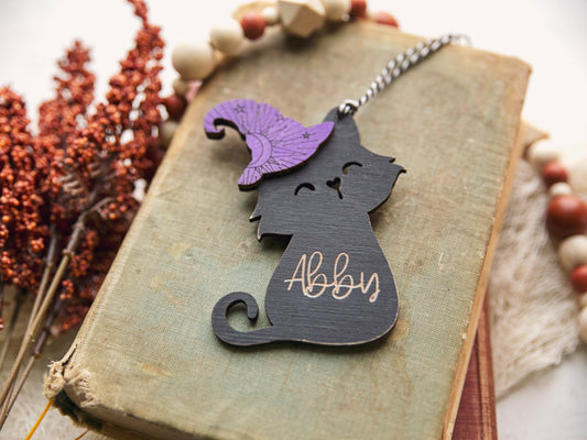 Personalized Wizard Cat Halloween Basket Name Tag