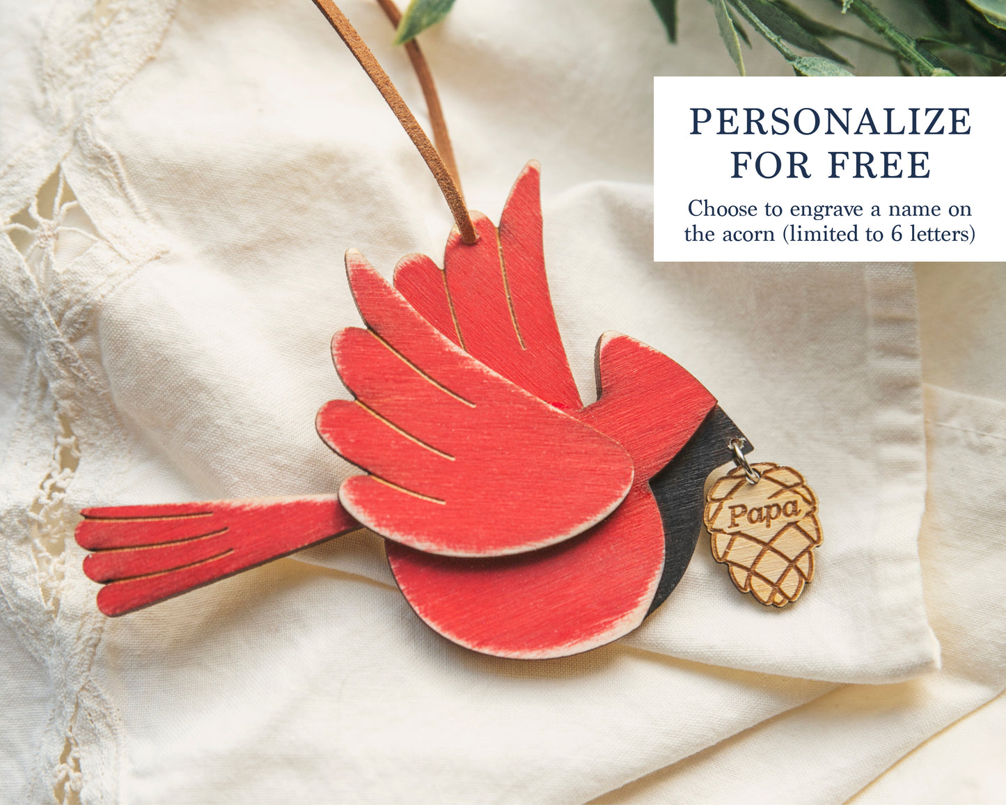 Personalized Cardinal Ornament with Acorn