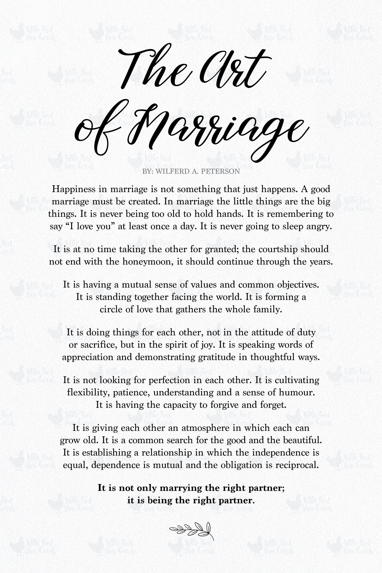 Bridal Shower, Wedding, Anniversary Gift - The Art of Marriage Poem (white)