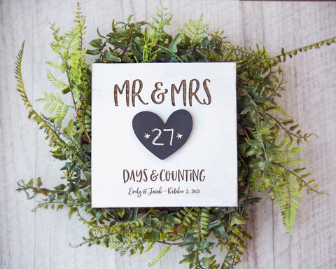 Chalkboard Wedding Countdown Sign / Engagement Gift for Bride + Groom / Mr. + Mrs. Days and Counting