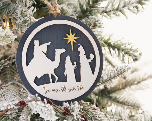 Religious Christmas Ornament 2022 / Wise Men Follow Star of Bethlehem to Jesus in Manger
